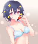  1girl :o bangs black_hair blue_bra bow bow_bra bra breasts commentary eyebrows_visible_through_hair food fruit hair_ornament holding holding_food holding_fruit lace lace-trimmed_bra looking_at_viewer makeup mascara medium_breasts mizuno_ai nail_polish open_mouth purple_nails red_eyes short_hair solo strawberry terimuku underwear underwear_only upper_body zombie_land_saga 