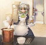  4girls apron artist_name blonde_hair blue_eyes blue_hair bow bowl braid cabinet commentary_request cooking crate frills green_bow green_neckwear hair_bow hat hat_ribbon holding holding_ladle indoors izayoi_sakuya juliet_sleeves kazeto kitchen ladle long_sleeves maid maid_headdress mob_cap multiple_girls open_mouth peeking_out pot puffy_sleeves purple_eyes purple_hair red_eyes red_ribbon ribbon saucer sharp_teeth short_hair silver_hair smile spoon steam teeth touhou twin_braids white_headwear 