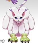  2020 absurd_res all_fours anthro big_breasts big_butt blue_eyes breasts butt digimon digimon_(species) eyelashes felid female gatomon gradient_background hi_res looking_at_viewer mammal plankboy signature simple_background solo 