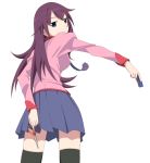  1girl bakemonogatari black_legwear breasts closed_mouth long_hair looking_at_viewer monogatari_(series) necktie purple_hair ribonzu school_uniform senjougahara_hitagi simple_background skirt solo stapler thighhighs white_background 