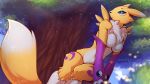  16:9 2020 anthro arm_warmers armwear blue_eyes breasts chest_tuft clothed clothing day digimon digimon_(species) featureless_breasts female fur hi_res in_tree looking_aside navel neck_tuft outside renamon sitting solo tree tuft valkoinen widescreen yellow_body yellow_fur 