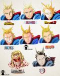  1boy a2twilldraw all_might antenna_hair bleach blonde_hair blue_eyes boku_no_hero_academia cape clenched_teeth closed_mouth dragon_ball dragon_ball_z english_commentary gotouge_koyoharu_(style) grin hair_slicked_back highres isayama_hajime_(style) kimetsu_no_yaiba kishimoto_masashi_(style) kubo_taito_(style) looking_at_viewer male_focus multiple_views naruto_(series) oda_eiichirou_(style) one_piece open_mouth parody red_cape serious shingeki_no_kyojin smile style_parody teeth titan_(shingeki_no_kyojin) toriyama_akira_(style) upper_body v-shaped_eyebrows 