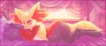  2017 3_toes anthro bed belly big_belly blush claws delphox digital_media_(artwork) dimwitdog edit female furniture hi_res humanoid inside looking_at_viewer lying navel nintendo on_bed outie_navel pillow pok&eacute;mon pok&eacute;mon_(species) pregnant red_eyes seductive smile solo thick_thighs toe_claws toes video_games wide_hips 