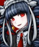  black_hair black_jacket celestia_ludenberck commentary danganronpa danganronpa_1 drill_hair earrings gothic_lolita jacket jewelry lchiflr lolita_fashion looking_to_the_side necktie open_mouth portrait red_background red_eyes simple_background 