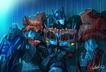  autobot blue_eyes hand_on_own_thigh joints kim_yura_(goddess_mechanic) looking_to_the_side mecha no_humans optimus_prime rain robot_joints sitting solo transformers transformers_prime 