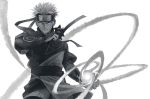  1boy angry armor blue_eyes chainmail closed_mouth da_huang facial_mark fingernails greyscale headband holding holding_weapon male_focus monochrome naruto naruto_(series) rasengan shuriken simple_background solo spot_color uzumaki_naruto vambraces weapon white_background 