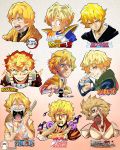  1boy a2twilldraw agatsuma_zenitsu araki_hirohiko_(style) armor bleach blonde_hair boku_no_hero_academia closed_mouth copyright_name crying crying_with_eyes_open dragon_ball dragon_ball_(object) dragon_ball_z electricity frozen_(disney) gotouge_koyoharu_(style) highres holding holding_sword holding_weapon horikoshi_kouhei_(style) isayama_hajime_(style) japanese_clothes jojo_no_kimyou_na_bouken katana kimetsu_no_yaiba kimono kishimoto_masashi_(style) kubo_taito_(style) lips looking_at_viewer multiple_views naruto_(series) oda_eiichirou_(style) one_piece open_mouth parody saiyan_armor shingeki_no_kyojin short_hair style_parody sword tears teeth titan_(shingeki_no_kyojin) toriyama_akira_(style) upper_body weapon yellow_eyes yellow_kimono 