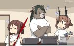 1other 3girls ? alternate_costume animalization bear black_hair black_pants bow brown_hair closed_eyes commentary_request crossed_arms daihatsu dated door dotted_line drill_hair fate/grand_order fate_(series) gae_bolg green_eyes hair_bow hairband hamu_koutarou harukaze_(kantai_collection) headgear highres kantai_collection long_hair mikuma_(kantai_collection) multiple_girls mutsu_(kantai_collection) northern_ocean_hime noto_mamiko pants polearm radio_antenna red_bow red_eyes red_pants seiyuu_connection shinkaisei-kan shirt short_hair spear t-shirt track_pants twin_drills twintails typewriter upper_body weapon white_hair white_shirt 