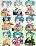  1girl a2twilldraw aqua_eyes aqua_hair araki_hirohiko_(style) bleach boku_no_hero_academia bulma closed_mouth collarbone copyright_name dragon_ball dragon_ball_(classic) gotouge_koyoharu_(style) highres horikoshi_kouhei_(style) isayama_hajime_(style) japanese_clothes jojo_no_kimyou_na_bouken kimetsu_no_yaiba kimono kishimoto_masashi_(style) kubo_taito_(style) lips looking_at_viewer medium_hair multiple_views naruto_(series) oda_eiichirou_(style) one_piece open_mouth orange_shirt parody ponytail purple_scarf scarf shingeki_no_kyojin shirt side_ponytail smile style_parody tears toriyama_akira_(style) upper_body 