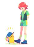  1boy arms_behind_back bangs baseball_cap belt belt_buckle blue_eyes blue_footwear blue_headwear buckle commentary_request green_legwear green_shirt green_shorts hat hatted_pokemon itome_(funori1) knees looking_down male_focus open_mouth pikachu pokemon pokemon_(anime) pokemon_(classic_anime) pokemon_(creature) ritchie_(pokemon) shirt shoes short_hair shorts simple_background smile socks standing white_background zipper_pull_tab 