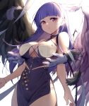  1girl absurdres artist_request azur_lane black_wings breasts cleavage_cutout criss-cross_halter dido_(anxious_bisque_doll)_(azur_lane) dido_(azur_lane) disembodied_hands dress feathered_wings feathers hairband halter_dress halterneck highres large_breasts large_wings long_dress long_hair multiple_wings purple_dress purple_hair purple_hairband red_eyes sleeve_cuffs sleeveless sleeveless_dress solo thick_thighs thighs wings 
