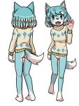  3:4 accessory animal_crossing anthro blue_body blue_fur blue_hair bottomless butt canid canine canis clothed clothing crotch_tuft edit english_text female fur genitals gesture hair hair_accessory hairclip hi_res mammal multicolored_body multicolored_fur nintendo open_mouth pubes pussy sharp_teeth simple_background skye_(animal_crossing) smile solo star★man sweater teeth text topwear tuft two_tone_body two_tone_fur video_games waving white_background white_body white_fur wolf 