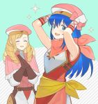  1boy 1girl arms_up belt blonde_hair blue_eyes blue_hair caeda_(fire_emblem) closed_eyes fire_emblem fire_emblem:_mystery_of_the_emblem fire_emblem_fates fire_emblem_heroes forrest_(fire_emblem) gloves hat highres kyufe long_hair open_mouth otoko_no_ko scarf upper_body white_gloves younger 