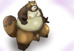  2020 absurd_res anthro balls belly brown_body brown_fur canid canine fur genitals gyobu hi_res humanoid_genitalia humanoid_hands humanoid_penis kemono male mametanu_tanuki mammal moobs nipples overweight overweight_male penis raccoon_dog scar simple_background solo tanuki tokyo_afterschool_summoners video_games weapon 