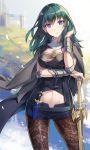  .com 1girl black_shorts blue_eyes blue_hair byleth_(fire_emblem) byleth_(fire_emblem)_(female) closed_mouth dagger fire_emblem fire_emblem:_three_houses highres navel_cutout pantyhose petals sheath sheathed short_shorts shorts smile solo sword sword_of_the_creator weapon 