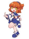  1girl :d arle_nadja armor armored_dress blue_capelet blue_footwear blue_skirt blush boots capelet child commentary_request fukurou_(owl222) full_body half_updo highres index_finger_raised madou_monogatari medium_hair open_mouth orange_hair pointing pointing_forward puyopuyo puyopuyo_fever simple_background skirt smile solo standing standing_on_one_leg white_background yellow_eyes 