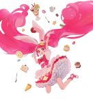  1girl animal_ears bunny bunny_ears bunny_girl cake_hair_ornament cupcake cure_whip dessert doughnut dress earrings food food_themed_hair_ornament fork fruit gloves hair_ornament highres jewelry kirakira_precure_a_la_mode long_hair macaron magical_girl parfait pastry pie pink_hair pom_pom_earrings precure skirt solo spoon strawberry twintails usami_ichika white_background yukiumisaka 