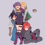  2boys 2girls armor bernadetta_von_varley bike_shorts black_hair blonde_hair brown_gloves cape closed_eyes dress earrings felix_hugo_fraldarius fire_emblem fire_emblem:_three_houses fur_trim gloves green_cape grey_background hair_ornament highres ingrid_brandl_galatea jewelry long_sleeves multiple_boys multiple_girls noshima open_mouth purple_hair red_hair short_dress short_hair simple_background sylvain_jose_gautier thigh_strap 