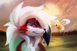  2017 3:2 anthro arthropod black_nose canid canine cloud cutiefly eye_contact fangs feral fur hair happy head_markings insect looking_at_another lycanroc mammal markings midnight_lycanroc nintendo pok&eacute;mon pok&eacute;mon_(species) red_body red_eyes red_fur red_sclera sharp_teeth signature smile sunset teeth tsaoshin video_games white_body white_fur white_hair wing_markings wings yellow_body yellow_fur 