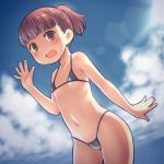  1girl :d aaaa backlighting bad_source bangs bikini blue_sky blunt_bangs blush breasts brown_eyes brown_hair cloud collarbone day eyebrows_visible_through_hair fanbox_reward hand_up highres looking_at_viewer navel open_mouth original outdoors paid_reward ponytail sky small_breasts smile solo swimsuit 