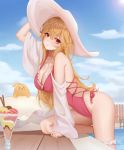  1girl ass_visible_through_thighs azur_lane bare_shoulders blonde_hair blue_sky blush breasts cleavage closed_mouth day fence food frills glasses hat highleg highleg_swimsuit highres large_breasts long_hair looking_at_viewer manjuu_(azur_lane) one-piece_swimsuit outdoors pink_swimsuit pool red_eyes richelieu_(azur_lane) richelieu_(flagship_in_the_sea_breeze)_(azur_lane) sky smile solo sun_hat swimsuit thighs very_long_hair wei_xiao white_headwear 