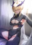  1girl arm_under_breasts armpit_cutout armpits artoria_pendragon_(all) artoria_pendragon_(lancer_alter) backlighting bangs black_bodysuit blonde_hair bodysuit braid breasts center_opening curtains dark_persona fate/grand_order fate_(series) french_braid hair_between_eyes highres horns large_breasts long_hair navel open_mouth revealing_clothes ribbed_bodysuit sidelocks sitting smile solar_(happymonk) thighs underboob window yellow_eyes 