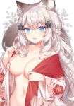  1girl animal_ear_fluff animal_ears ayuanlv blue_eyes braid breasts cat_ears cleavage collarbone floral_print flower hair_flower hair_ornament japanese_clothes kimono large_breasts large_tail long_hair looking_at_viewer navel no_bra open_clothes open_kimono open_mouth original silver_hair smile solo stomach tail upper_body white_kimono wide_sleeves 