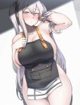  1girl apron bangs black_apron blush breasts cleavage closed_mouth eyebrows_visible_through_hair graf_zeppelin_(kantai_collection) grey_background hair_between_eyes hand_in_hair hand_on_own_chest highres huge_breasts iron_cross kantai_collection long_hair naked_apron plump pocket purple_eyes ryuun_(stiil) shoulder_tattoo sidelocks silver_hair simple_background solo tattoo twintails 