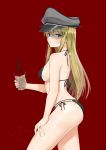  1girl alternate_costume bangs bikini bismarck_(kantai_collection) black_bikini blonde_hair blue_eyes blush breasts bubble_tea c-da cowboy_shot cup eyebrows_visible_through_hair hand_on_own_thigh hat highres holding holding_cup kantai_collection large_breasts long_hair looking_at_viewer military_hat peaked_cap red_background side-tie_bikini simple_background solo standing swimsuit 