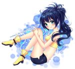  1girl black_skirt blue_eyes blue_hair boots breasts commission long_hair looking_at_viewer medium_breasts natsumii_chan navel original ponytail skirt smile solo watermark web_address yellow_footwear 