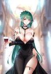  1girl absurdres areola_slip areolae azur_lane bare_shoulders black_dress blurry blurry_background breasts brown_eyes cross cross_necklace cup dress drinking_glass green_hair grey_hair highres holding holding_cup huge_breasts indoors jewelry littorio_(calabria_aurea)_(azur_lane) long_dress long_hair looking_at_viewer multicolored_hair necklace neckwear_between_breasts smile solo tango_(jjsw4524) thighs very_long_hair wine_glass 