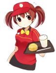  1girl ayu_(mog) bow bowtie brown_eyes brown_hair closed_mouth commentary cowboy_shot flying_sweatdrops hataraku_maou-sama! holding looking_at_viewer red_shirt sasaki_chiho shirt short_sleeves simple_background smile solo tray twintails visor_cap waitress white_background yellow_neckwear 