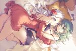  2girls ass bed blush byleth_(female) dress fire_emblem flowers gomashio_ponz green_eyes green_hair hug long_hair purple_eyes shorts shoujo_ai teddy_bear white_hair 