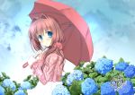  1girl artist_name asakura_otome blue_eyes blush brown_hair cloud cloudy_sky commentary_request da_capo da_capo_ii eyebrows_visible_through_hair flower flower_request hair_between_eyes hair_intakes hair_over_shoulder highres holding holding_umbrella hydrangea kayura_yuka long_hair long_sleeves looking_at_viewer looking_to_the_side red_shirt scrunchie shirt signature skirt sky smile solo umbrella white_skirt 