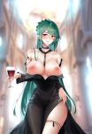  1girl absurdres areolae azur_lane bare_shoulders black_dress blurry blurry_background breasts brown_eyes cross cross_necklace cup dress drinking_glass green_hair grey_hair highres holding holding_cup huge_breasts indoors jewelry littorio_(calabria_aurea)_(azur_lane) long_dress long_hair looking_at_viewer multicolored_hair necklace neckwear_between_breasts nipples smile solo tango_(jjsw4524) thighs very_long_hair wine_glass 