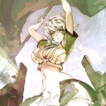  1girl braid breasts cleavage eyebrows_visible_through_hair flag highres holding holding_flag kantai_collection large_breasts long_hair looking_at_viewer navel nona_(goodboy) short_sleeves single_braid solo unryuu_(kantai_collection) very_long_hair white_hair yellow_eyes 