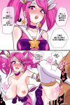  1boy 1girl bangs bare_shoulders blush breasts collarbone commentary_request earrings elbow_gloves gloves gradient gradient_background hair_ornament heart hetero highres instant_loss jewelry kimtoxic korean_commentary korean_text league_of_legends leg_up long_hair lux_(league_of_legends) magical_girl nipples open_mouth penis pink_background pink_hair reward_available sex shiny shiny_skin skirt spoken_heart star_(symbol) star_earrings star_guardian_(league_of_legends) star_guardian_lux teeth thighhighs translation_request twintails upper_teeth white_background white_gloves 