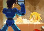  1boy 1girl android bath bathroom bathtub blush brown_hair bubble_bath clenched_hand green_eyes joints looking_at_another nipples nude optionaltypo reclining robot_joints rock_volnutt rockman rockman_dash rockman_dash_3 roll_caskett walk-in 