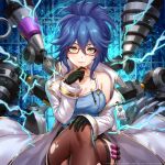  1girl bangs bare_shoulders black_gloves blue_background blue_hair breasts brown_legwear camisole character_request cleavage coat collarbone crossed_legs drill electricity eyebrows_visible_through_hair glasses gloves hair_between_eyes hand_up highres long_sleeves looking_at_viewer medium_breasts off_shoulder overhit red-framed_eyewear sakiyamama short_hair sitting smile solo thighhighs white_coat yellow_eyes 