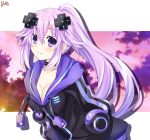  1girl adult_neptune arms_behind_back bangs black_hoodie blush breasts cleavage collar collarbone commentary d-pad d-pad_hair_ornament english_commentary eyebrows_visible_through_hair hair_between_eyes hair_flaps hair_ornament highres hood hoodie lewdkuma long_hair long_sleeves looking_at_viewer medium_breasts neptune_(series) ponytail purple_eyes purple_hair shiny shiny_hair sidelocks signature smile solo 