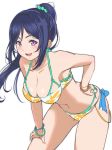  1girl bent_over bikini blue_hair blush bracelet breasts cleavage collarbone highres jewelry kanabun large_breasts long_hair looking_at_viewer love_live! love_live!_sunshine!! matsuura_kanan navel ponytail purple_eyes smile solo swimsuit swimsuit_under_clothes swimwear white_background 