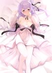  1girl :o absurdres amacha azur_lane bangs bed_sheet black_ribbon blush breasts cleavage commentary_request detached_sleeves dress eyebrows_visible_through_hair hair_bun hair_ribbon hands_up highres long_hair long_sleeves lying medium_breasts no_shoes nose_blush on_back one_side_up parted_lips puffy_long_sleeves puffy_sleeves purple_eyes purple_hair ribbon see-through side_bun solo strapless strapless_dress striped striped_legwear unicorn_(azur_lane) vertical-striped_legwear vertical_stripes very_long_hair white_dress white_legwear white_sleeves 