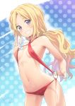  1girl areolae ass_visible_through_thighs bare_shoulders blonde_hair blue_eyes blush breasts cowboy_shot dated dotted_background errant eyebrows_visible_through_hair frenda_seivelun highres long_hair looking_at_viewer low_ponytail navel o-ring o-ring_swimsuit ponytail red_swimsuit signature slingshot_swimsuit small_breasts smile solo swimsuit swimsuit_pull teeth to_aru_kagaku_no_railgun to_aru_majutsu_no_index 