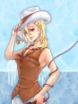  1girl adjusting_clothes adjusting_hat adjusting_headwear blonde_hair blue_background blue_eyes brown_shirt copyright_name cowboy_hat hair_between_eyes hat highres holding holding_microphone jewelry koda_minare lafoxtriel long_hair looking_at_viewer microphone nami_yo_kiite_kure shirt simple_background sleeveless sleeveless_shirt solo white_headwear 