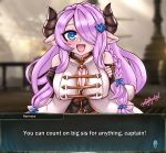  absurd_res accessory big_breasts blue_eyes braided_hair breasts cleavage clothed clothing english_text fangs female gloves granblue_fantasy hair hair_accessory hairclip handwear hi_res horn humanoid leather leather_gloves long_hair narmaya nightlycatgirl pink_hair smile solo text 