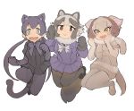  3girls black_leopard_(kemono_friends) bow bowtie fangs fur_collar highres horns igarashi_(nogiheta) kemono_friends low_twintails multiple_girls pantyhose sailor_collar sheep_(kemono_friends) sheep_horns shorts skirt tail tanuki_(kemono_friends) twintails 