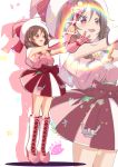  1girl anchor boots bow brown_hair commentary_request cosplay cross-laced_footwear dress drill_hair full_body hair_bow harukaze_(kantai_collection) harukaze_doremi harukaze_doremi_(cosplay) hat kantai_collection lace-up_boots long_hair magical_girl mokerou multicolored multicolored_clothes namesake ojamajo_doremi pink_dress pink_footwear pink_headwear rainbow red_bow red_eyes solo standing twin_drills wand witch_hat zoom_layer 