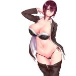  1girl black_bra black_jacket black_panties black_pants bra bra_removed breasts breasts_outside brown_hair closed_mouth collarbone glasses hair_between_eyes hand_up jacket large_breasts navel nipples open_clothes open_jacket original panties pants pants_removed shu-mai sidelocks standing stomach thighs underwear 