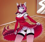  absurd_res ambris anthro anthrofied big_breasts breasts cayenne_(mlp) cleavage clothed clothing clothing_lift dress dress_lift equid female fishnet fishnet_legwear friendship_is_magic garter_straps hi_res horn legwear mammal my_little_pony panties solo underwear unicorn 