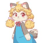  1girl ahoge akuma_gaoru animal_ear_fluff animal_ears animal_nose black_fur blonde_hair blue_dress blush_stickers bow commentary_request cowboy_shot dress eyebrows_visible_through_hair furry futaba_channel hair_ornament hair_scrunchie looking_to_the_side pawpads pink_scrunchie red_bow red_eyes red_ribbon ribbon scrunchie simple_background solo tail twintails two-tone_fur uzumi white_background white_fur 